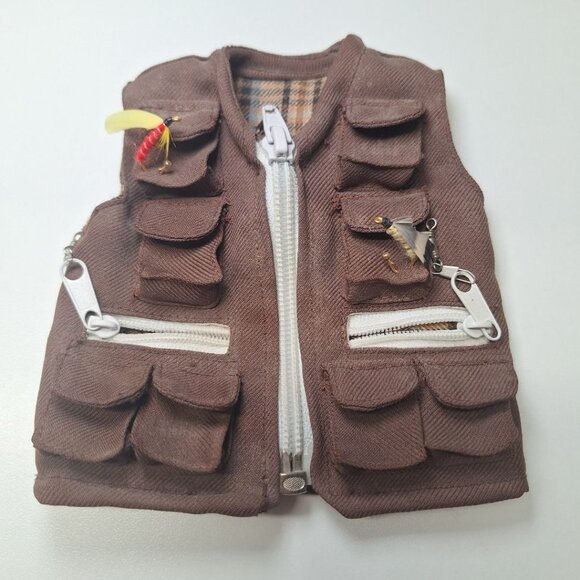 Small Fly Fishing Vest Bear Stuffed Animal Ornament Manly Rugged Zipper Pockets - Picture 7 of 7